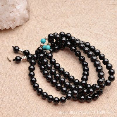 8mm黑碧玺间绿松石藏银佛珠 厂家清仓特惠，编号232专属珠宝