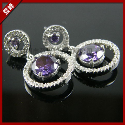 925银镀金铜镀金镀铑镀银紫色圆形宝石耳环首饰来图来样加工定制详解